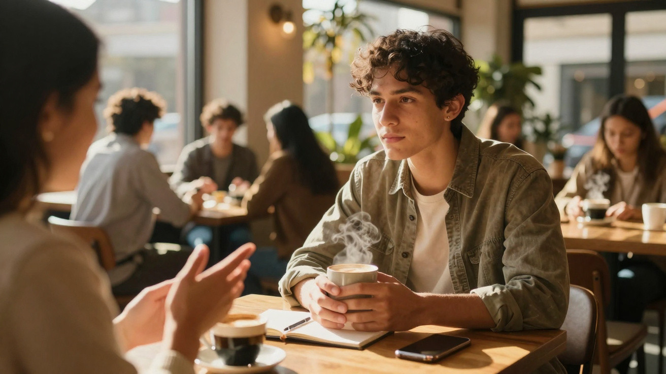 Jovem a segurar chá quente numa mesa de café, conversando com outra pessoa num ambiente acolhedor e iluminado.
