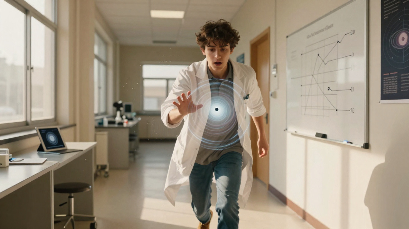 Jovem cientista em bata fixa objeto luminoso com círculos concêntricos num corredor iluminado de laboratório.