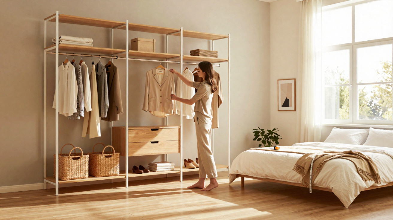 Mulher em quarto iluminado, a escolher roupa em armário aberto com cabides e prateleiras, decoração minimalista.