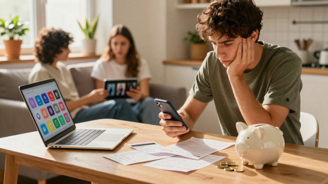 Jovem sentado à mesa a consultar smartphone com documentos e cofrinho, duas pessoas no sofá ao fundo com tablet.