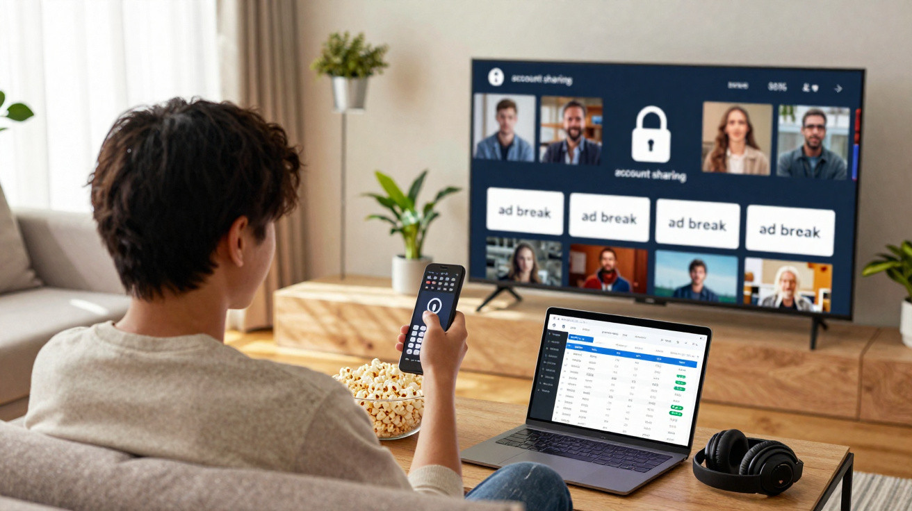 Pessoa sentada no sofá a segurar comando remoto, com televisor e portátil numa sala moderna.
