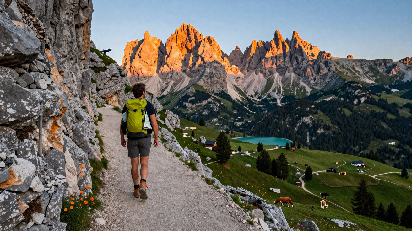 Caminhante com mochila verde numa trilha de montanha ao pôr do sol, com picos rochosos iluminados ao fundo.