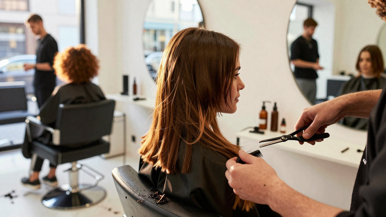 Cliente sentada num cabeleireiro enquanto profissional lhe corta o cabelo com tesoura.