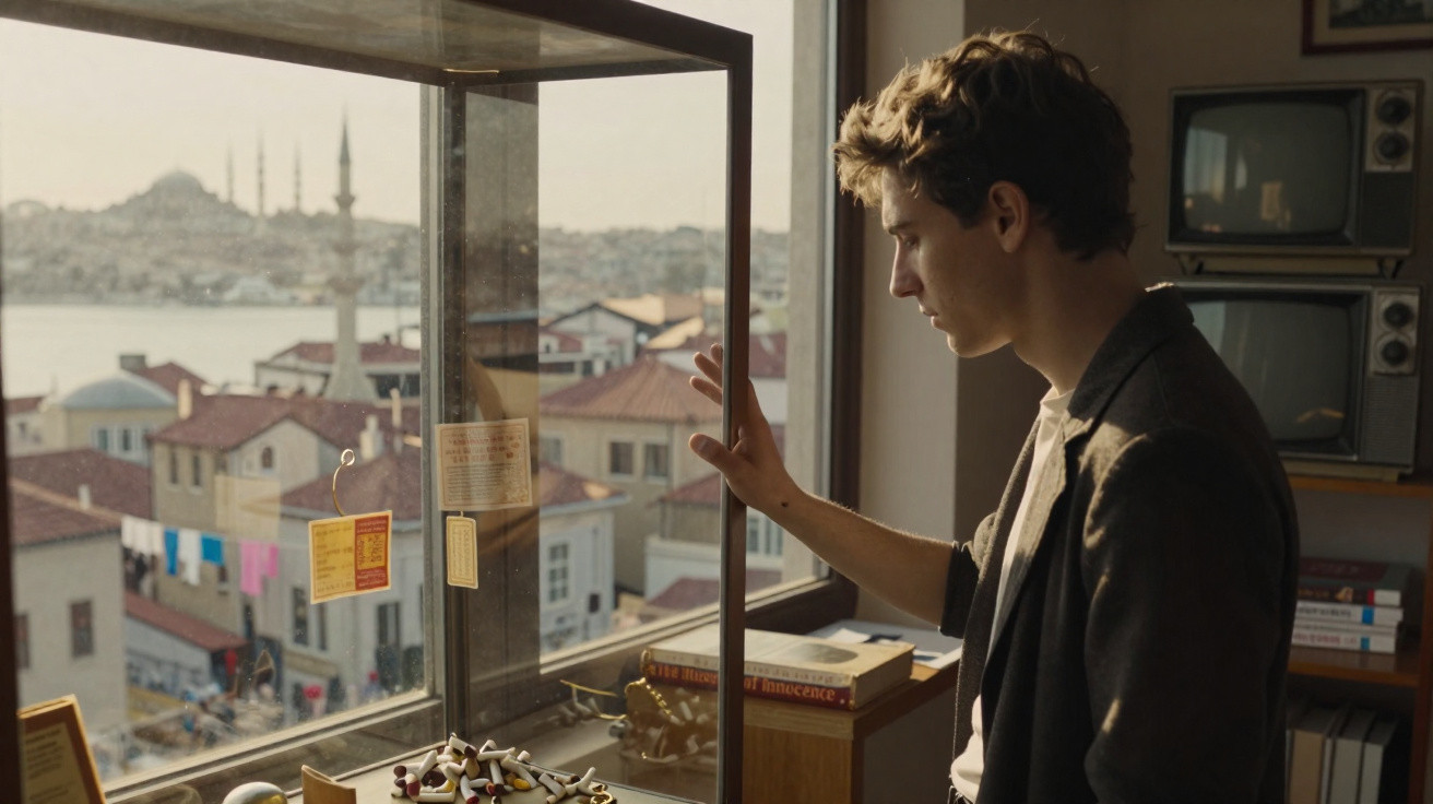 Jovem observa objetos num museu com vista panorâmica de cidade e mesquitas ao fundo.