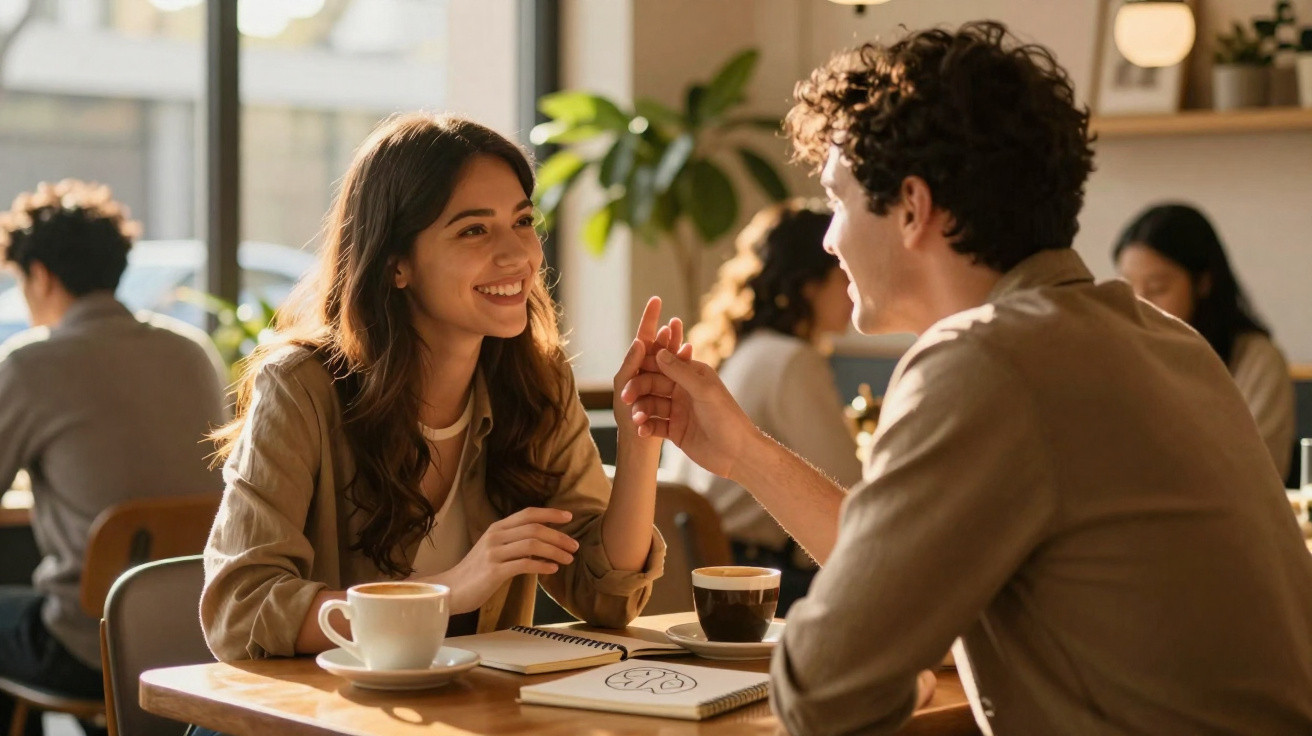 Casal sorridente a segurar as mãos enquanto conversa numa cafeteria acolhedora e iluminada.