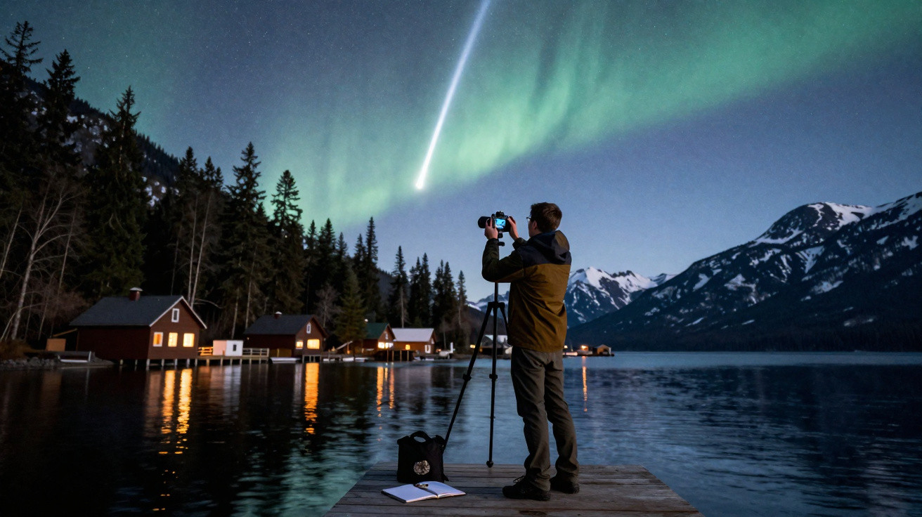 Fotógrafo numa doca a capturar aurora boreal e estrelas com casas e montanhas ao fundo durante a noite.
