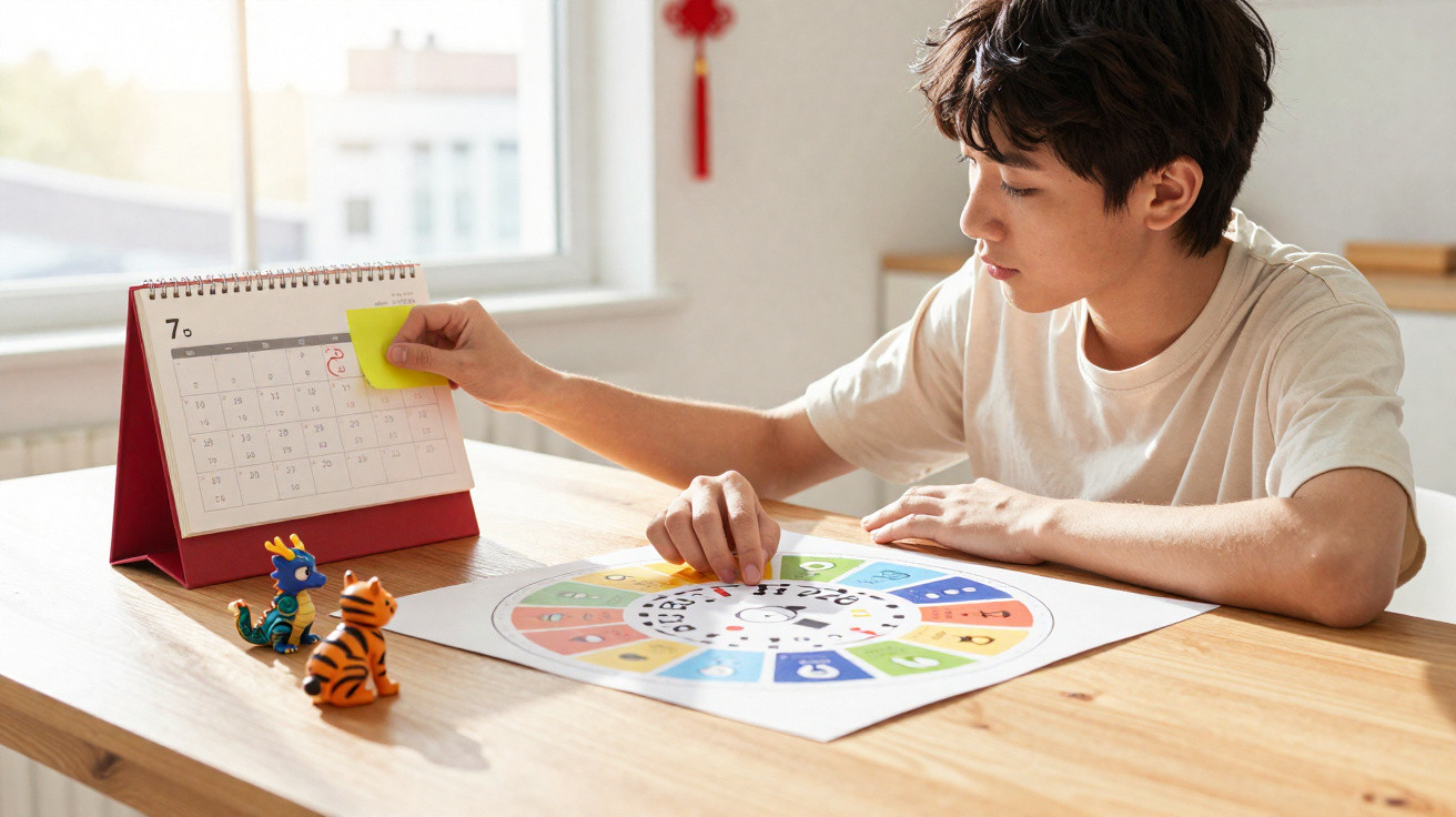 Jovem a consultar um calendário de mesa e a trabalhar num jogo educativo colorido sobre uma mesa de madeira.