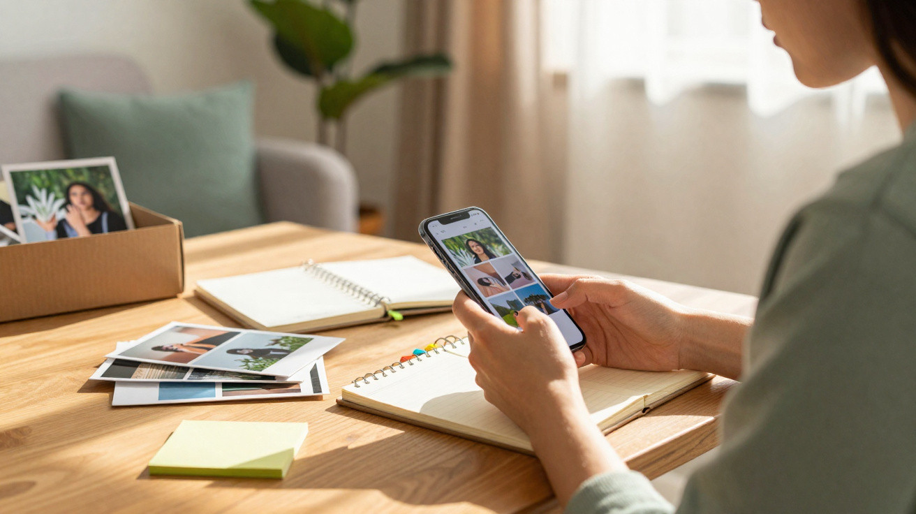 Pessoa a utilizar smartphone para ver fotografias junto a caderno, fotos impressas e caixa com retrato numa mesa de madeira.