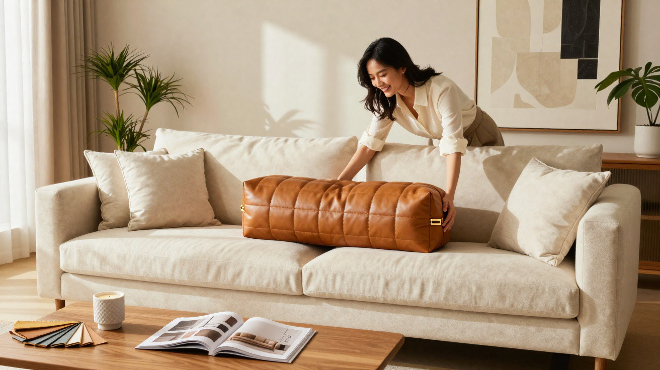 Mulher arruma roll bag castanha num sofá bege em sala com planta e mesa de madeira.