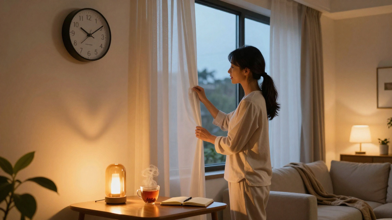 Mulher em pijama a abrir cortinas numa sala acolhedora com luz suave, chá fumegante e relógio na parede.