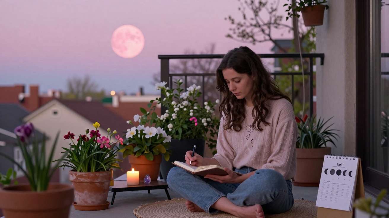 Mulher sentada numa varanda à noite, escreve num caderno, rodeada de flores, vela acesa e lua cheia ao fundo.