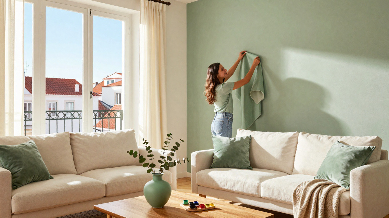 Mulher pendura uma toalha verde numa parede verde numa sala de estar com dois sofás bege e janelas grandes.