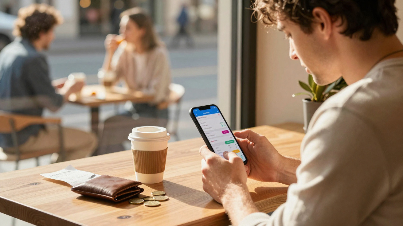 Homem sentado numa mesa de café a usar smartphone com carteira, moedas e café à sua frente.