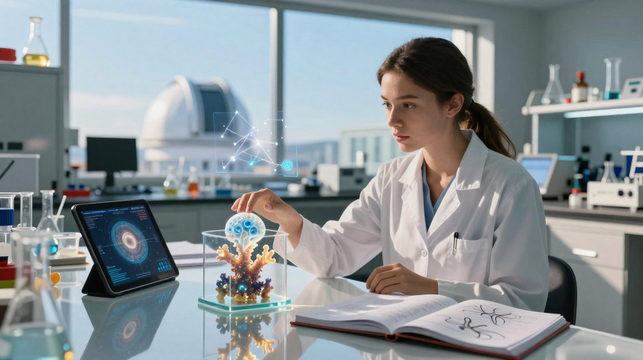 Cientista mulher analisa modelo biológico com projeção holográfica numa bancada de laboratório moderno.