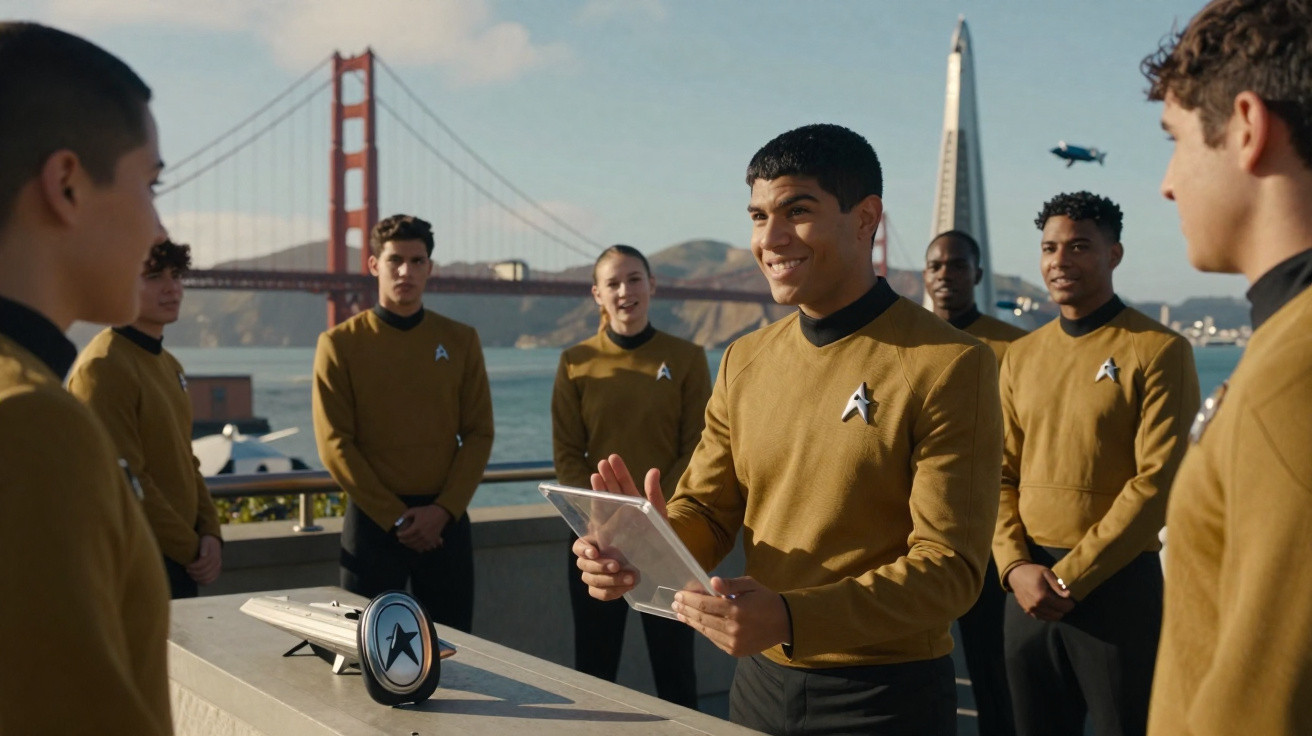 Grupo de jovens em uniformes dourados com cenário da Ponte Golden Gate ao fundo.