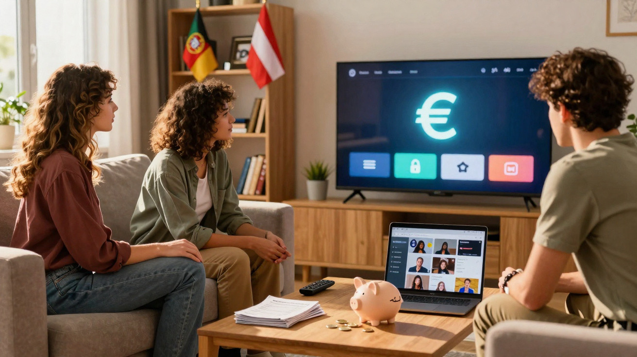Três pessoas sentadas numa sala a ver uma televisão com símbolo de euro e computador portátil na mesa.