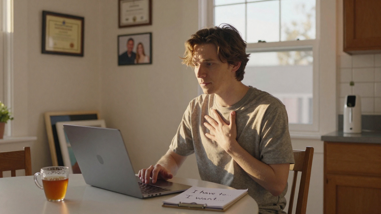 Homem sentado à mesa a usar computador portátil com chá e bloco de notas num ambiente doméstico iluminado.