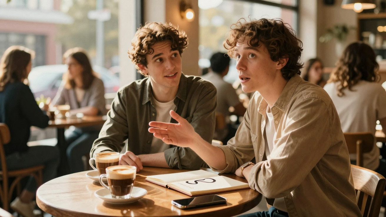 Dois jovens sentados numa mesa de café com desenhos e cafés, em conversa animada.