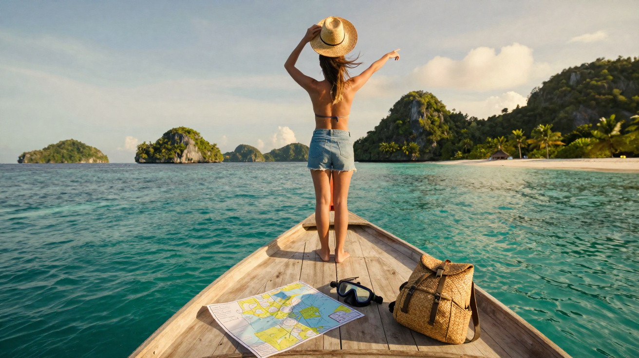 Mulher de chapéu e roupa de praia na proa de barco, olhando para ilhas tropicais em mar calmo.