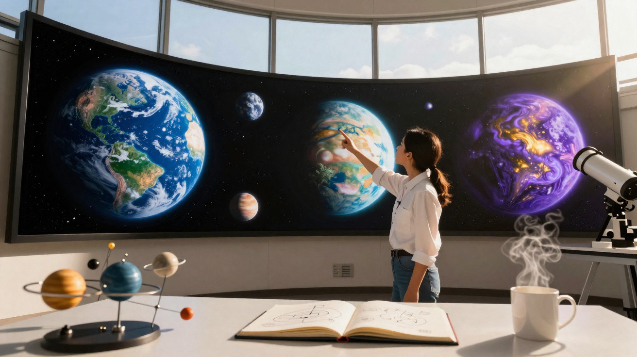 Mulher observa painéis luminosos com planetas e sistema solar num ambiente de estudo com livro e telescópio.