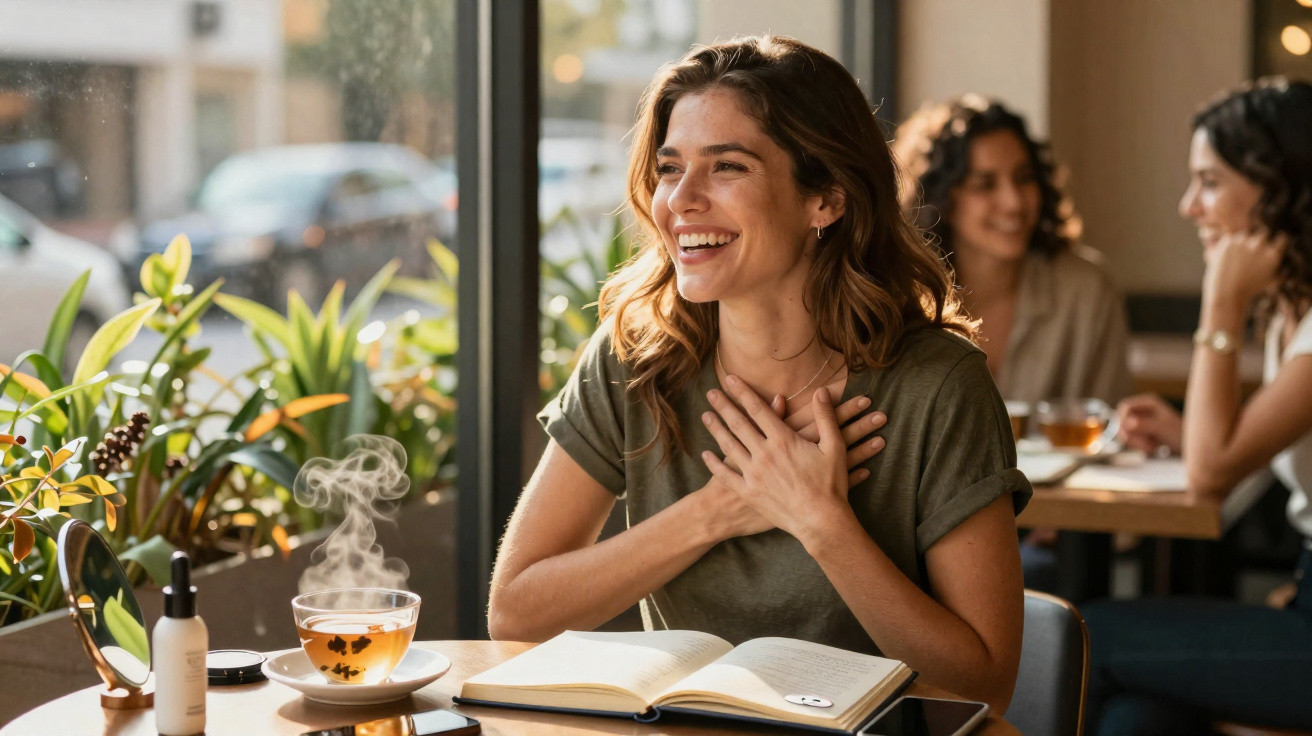 Mulher sorridente sentada numa cafetaria com chá quente e livro aberto à sua frente, diálogo descontraído ao fundo.