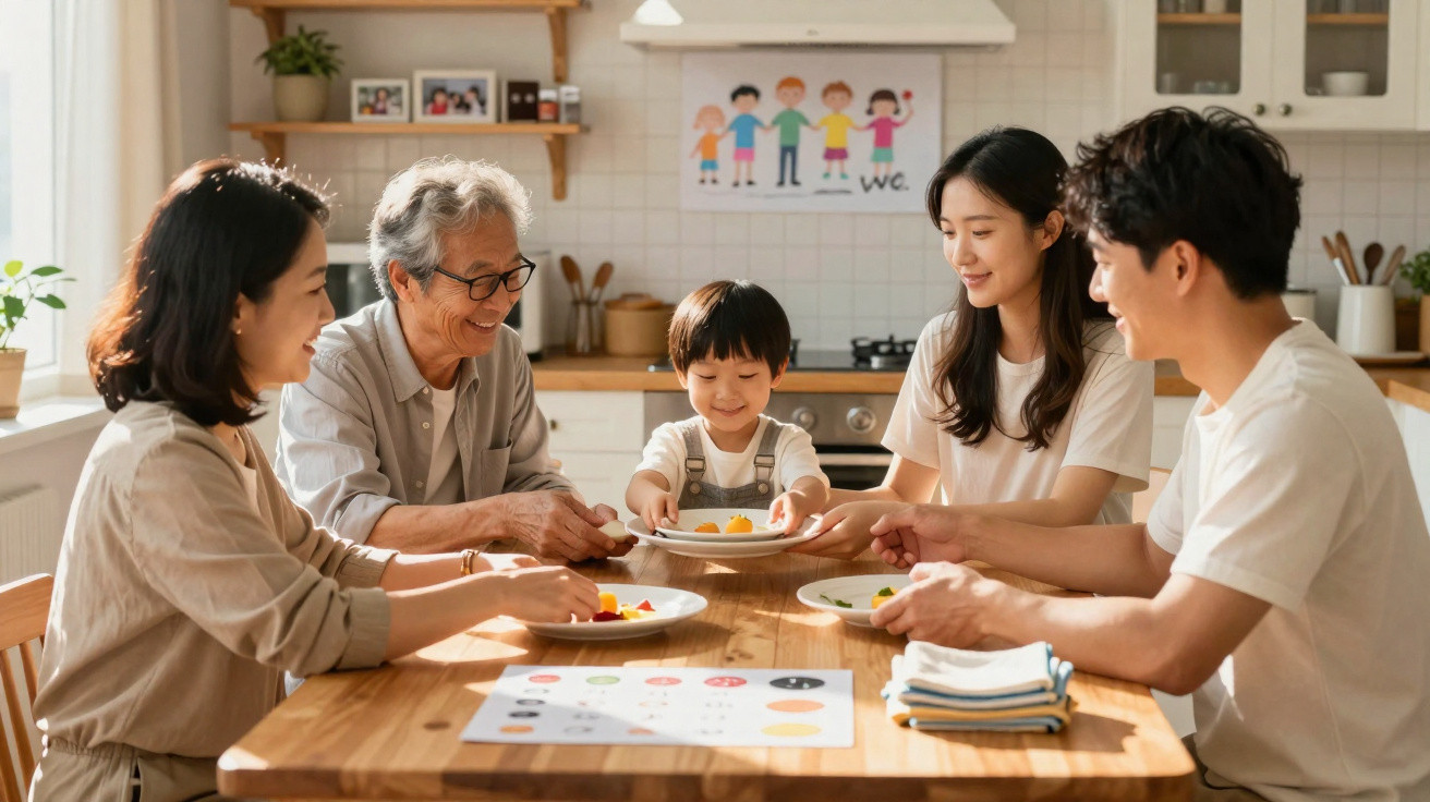 Família asiática multigeracional feliz a partilhar uma refeição na cozinha luminosa de casa.