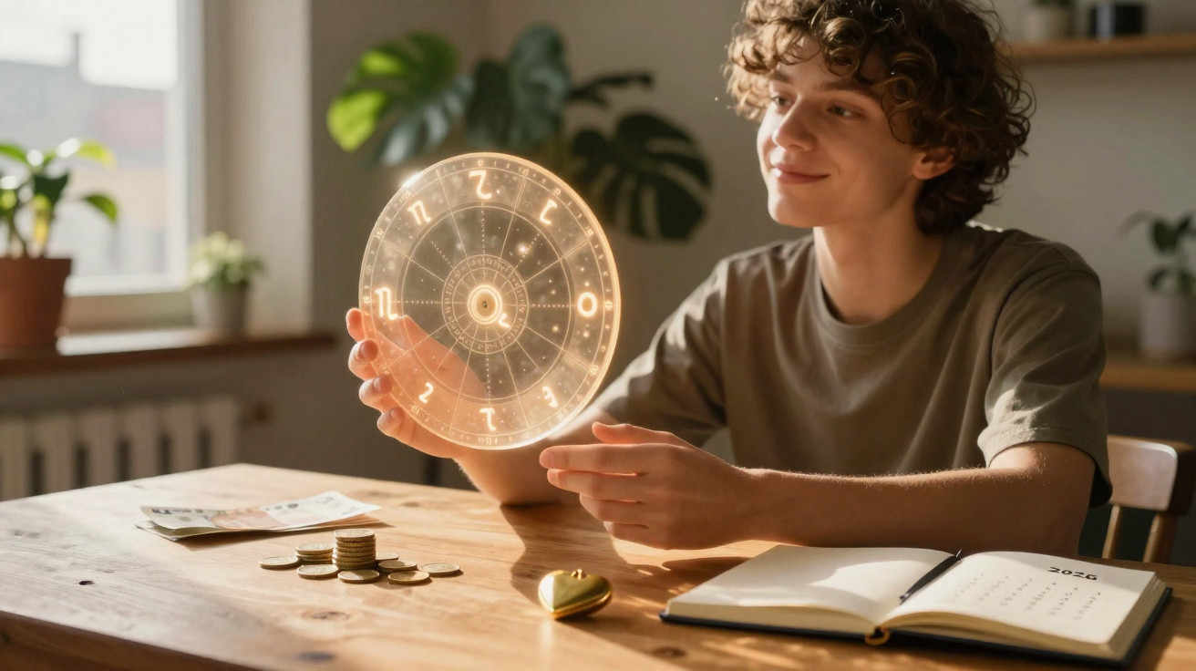 Jovem sentado à mesa com moedas e calendário, segurando círculo holográfico com signos do zodíaco.