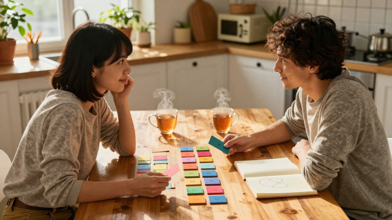 Casal sentado à mesa a jogar com cartas coloridas e duas chávenas de chá fumegante numa cozinha iluminada.