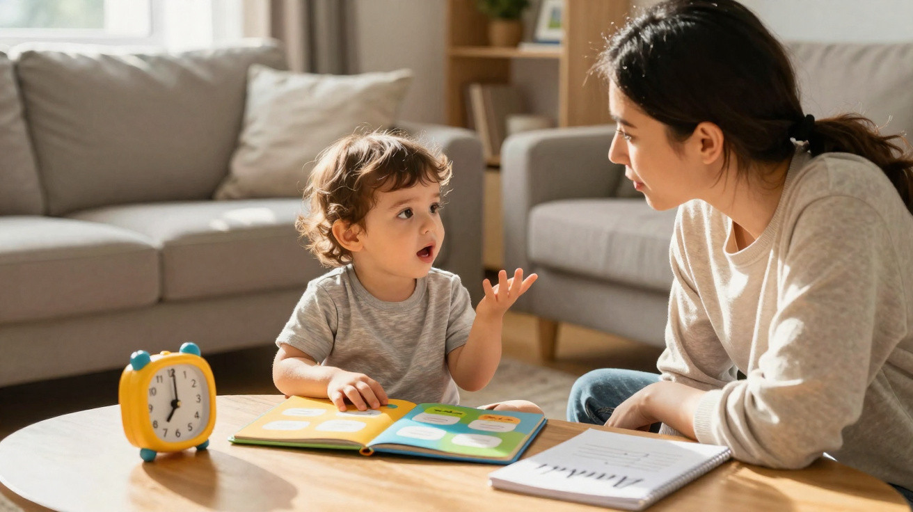 Criança e mulher numa sala, com um livro aberto e relógio amarelo sobre a mesa, durante conversa atenta.