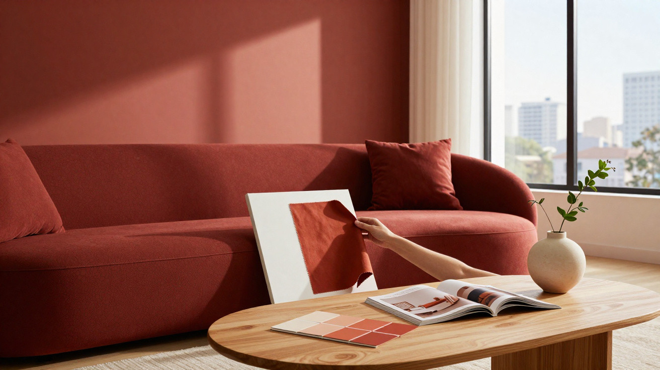 Sala de estar com sofá vermelho, mesa de madeira, folhas de cores e vaso com planta junto a janela grande.