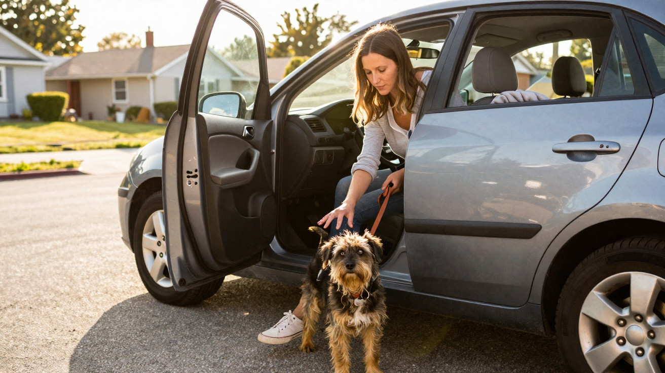 Mulher a sair de carro cinzento e a fazer carinho num cão pequeno com trela castanha.