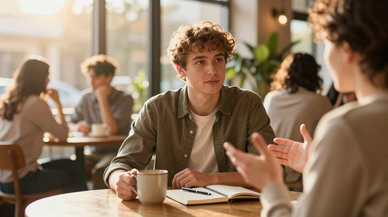 Dois jovens a conversar numa cafeteria, com caderno e caneca sobre a mesa, luz natural a entrar pela janela.