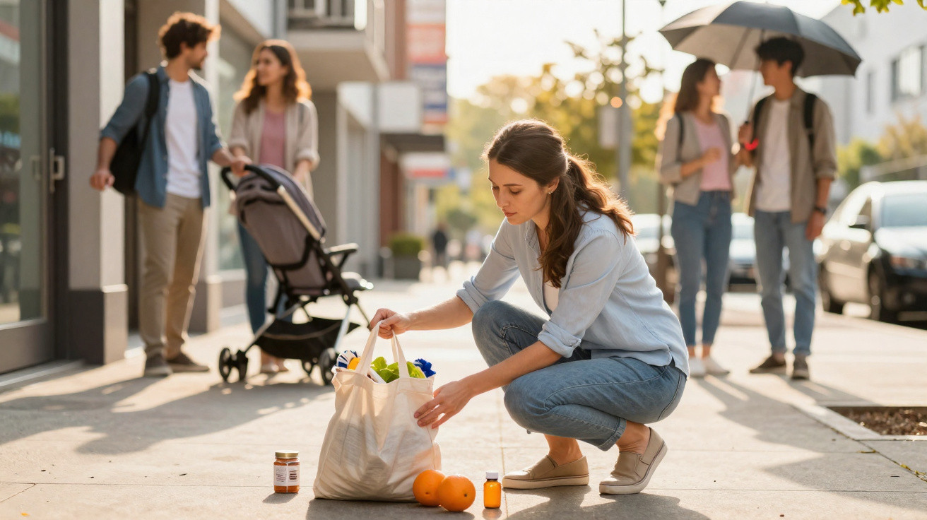 Mulher a apanhar compras caídas da sacola na calçada, com casais e carrinho de bebé ao fundo.