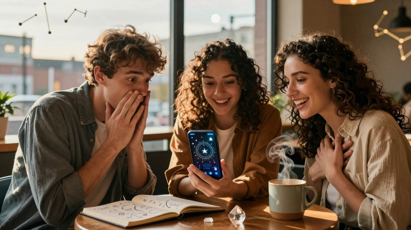 Três amigos com expressão de surpresa e alegria a olhar para um telemóvel com tema astronómico numa mesa de café.