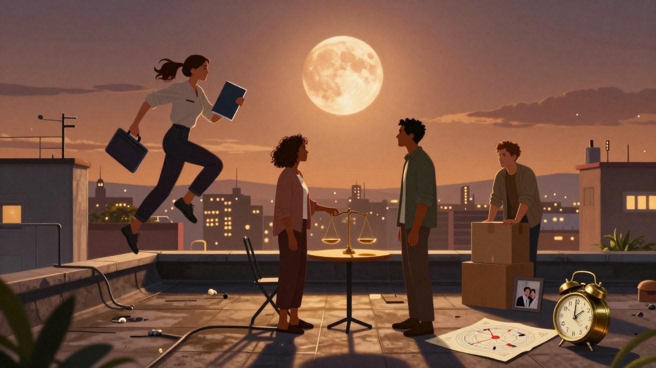 Quatro pessoas numa cobertura ao pôr do sol, com balança, caixa, relógio e uma lua cheia visível ao fundo.