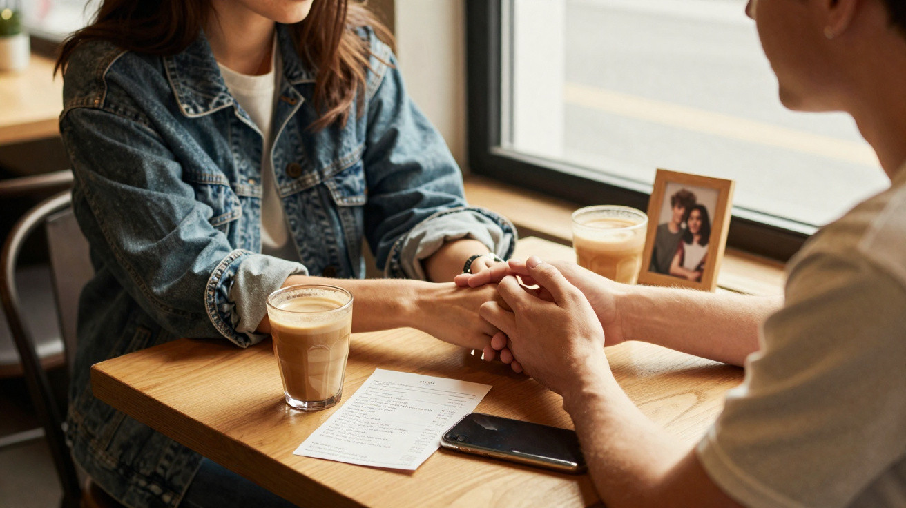 Casal sentado numa mesa de café, segurando as mãos, com bebidas e telemóvel sobre a mesa.