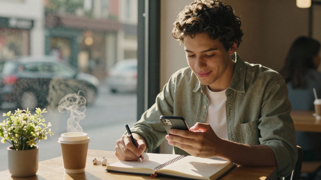 Jovem sentado numa cafetaria a escrever num caderno enquanto consulta o telemóvel com chá quente ao lado.