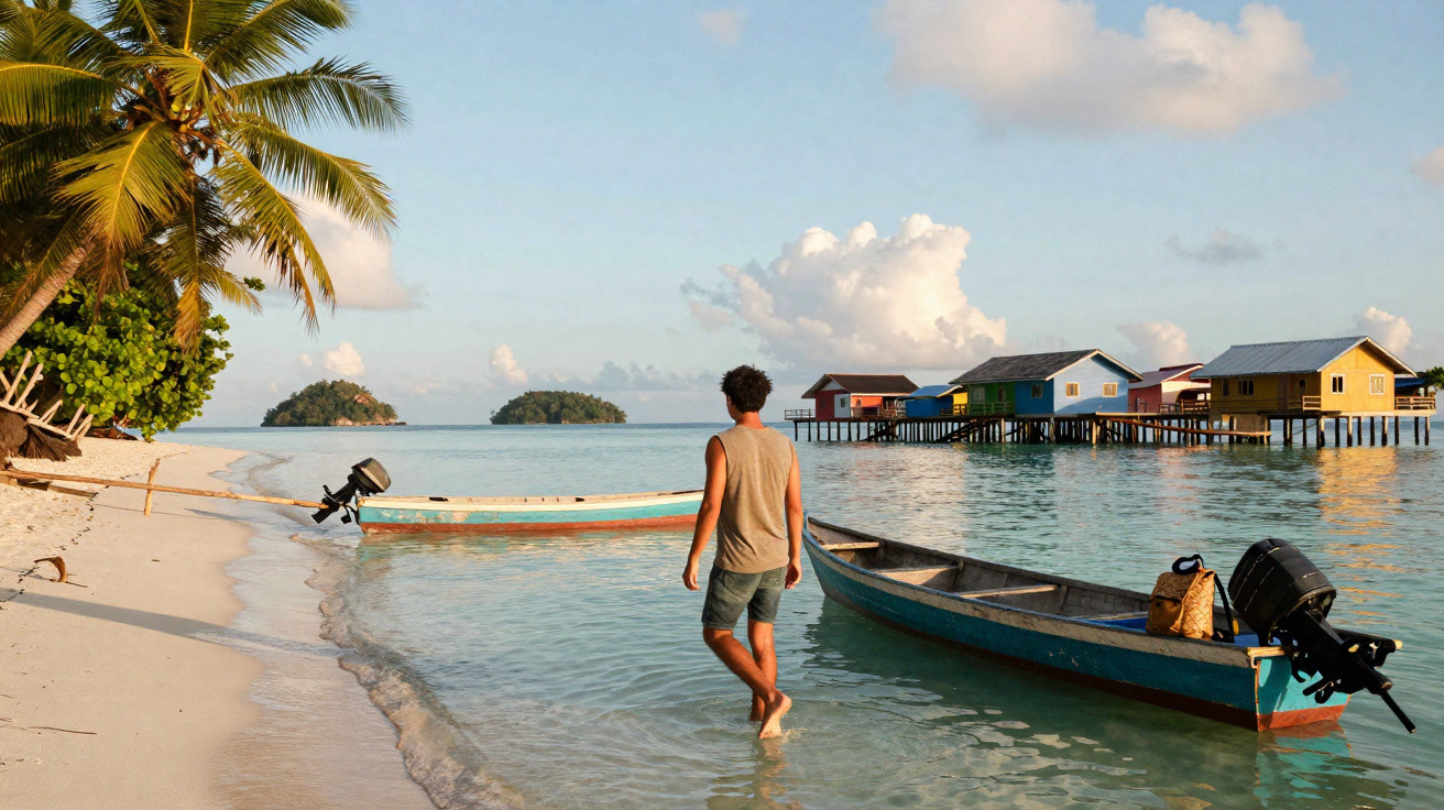 Homem a caminhar na água junto a barcos e palafitas coloridas numa praia com palmeiras ao amanhecer.