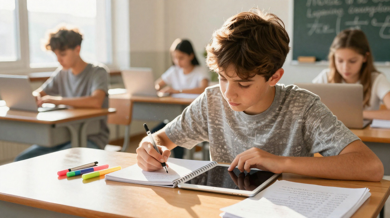 Aluno numa sala de aula a usar tablet e escribir num caderno, com colegas ao fundo também a estudar.