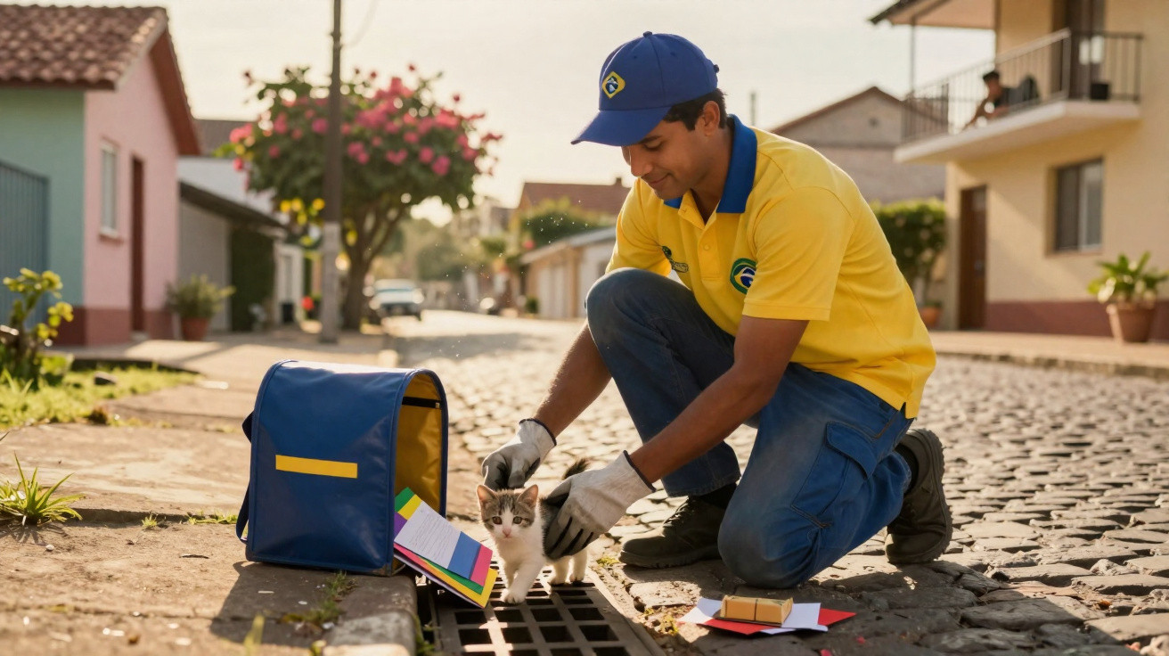 Carteiro de uniforme amarelo e azul acaricia um gato junto a uma caixa de correio aberta numa rua de pedra.