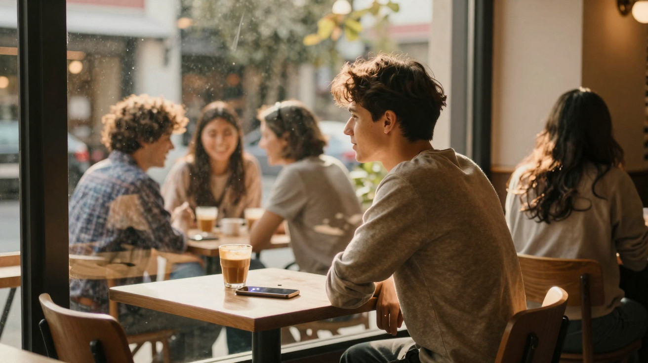 Jovem sentado sozinho numa cafeteria com bebida e telemóvel à frente, enquanto grupo conversa junto à janela.