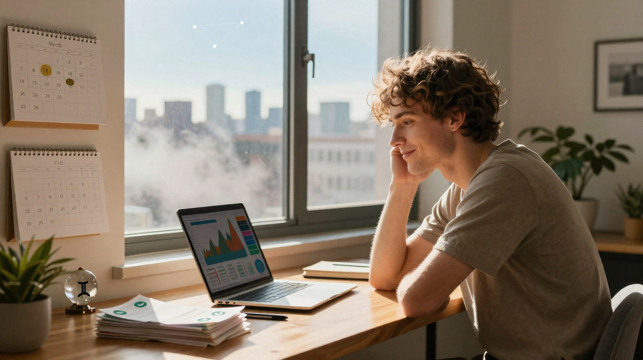 Jovem a sorrir enquanto trabalha num computador portátil numa mesa junto à janela durante o dia.