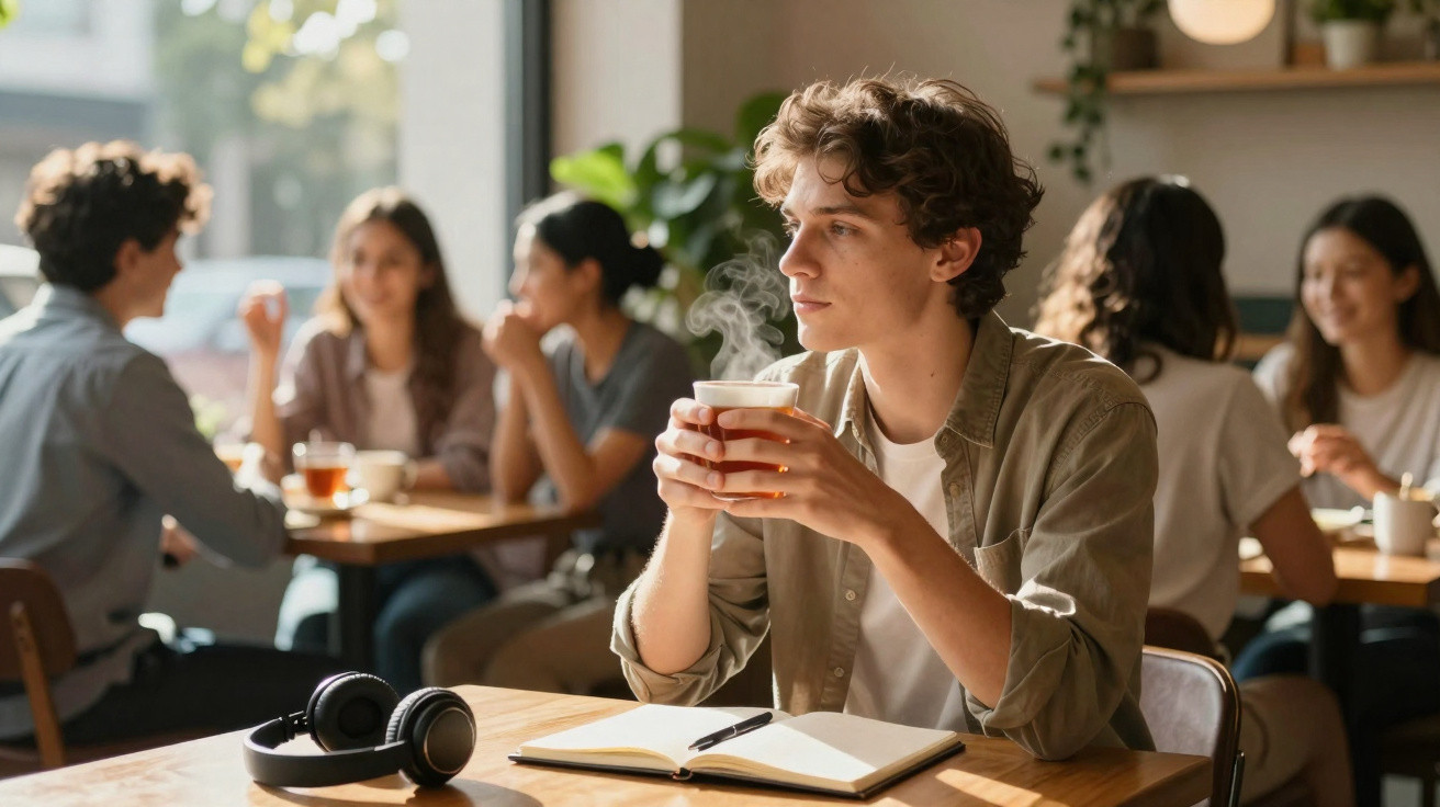 Jovem sentado numa cafetaria, a olhar pensativo enquanto segura uma chávena quente de chá ou café.
