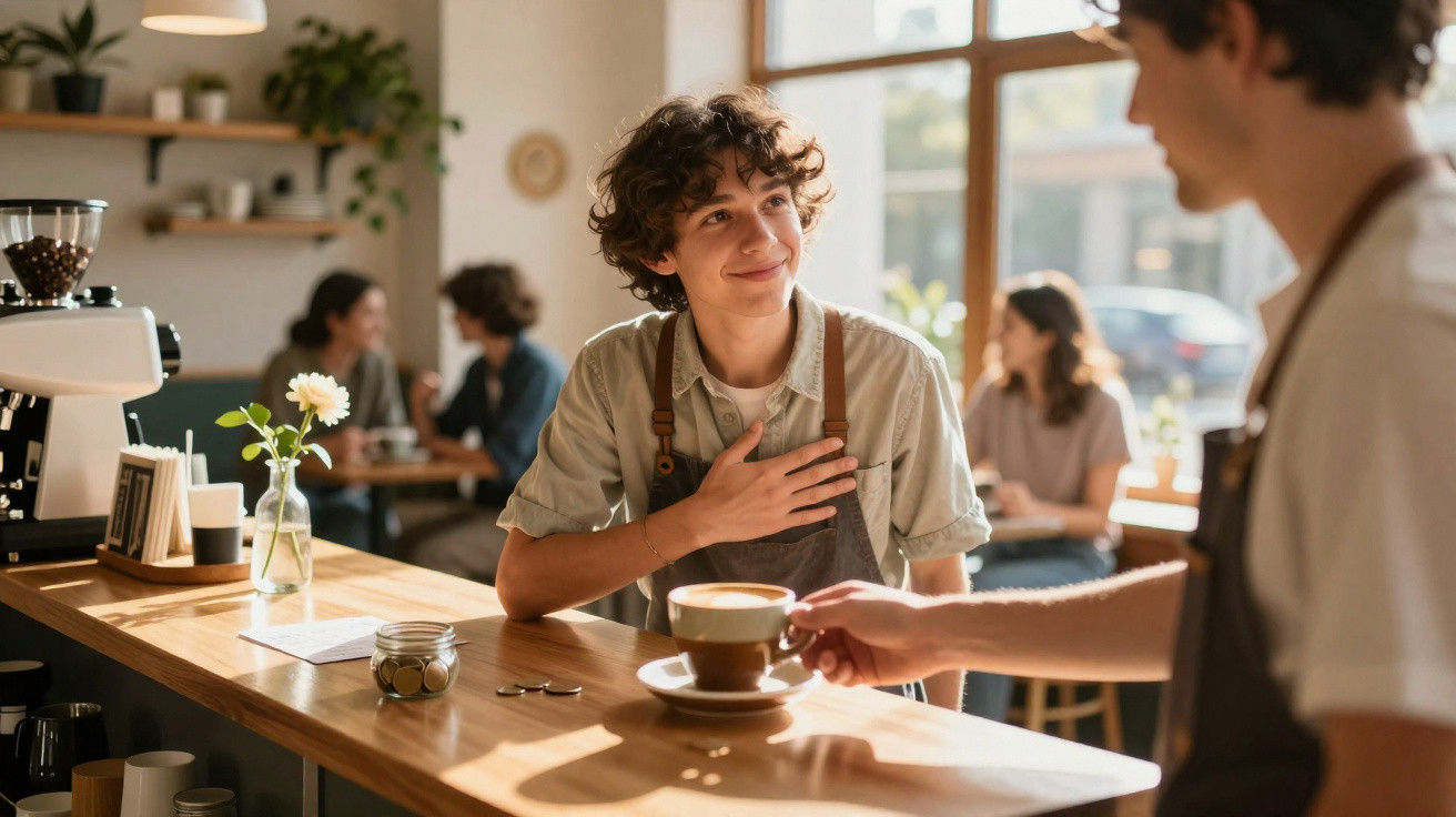 Jovem barista a receber uma chávena de café num café com luz natural e clientes ao fundo.