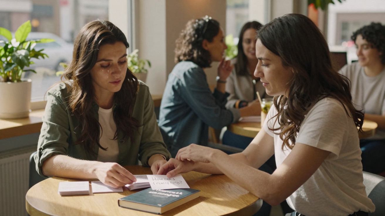 Duas mulheres sentadas numa mesa de café, lendo notas em papel e um livro sobre a mesa.