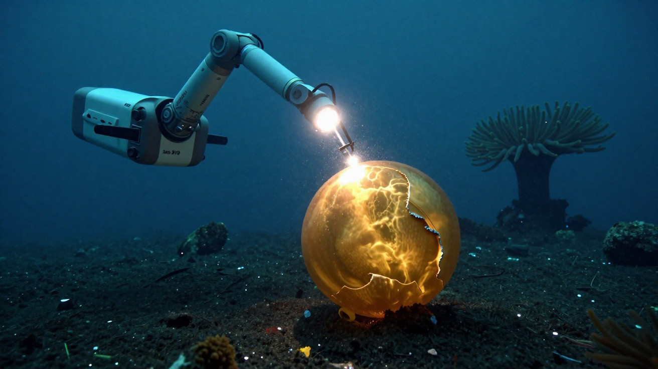 Braço robótico subaquático a analisar uma esfera luminosa dourada no fundo do mar.
