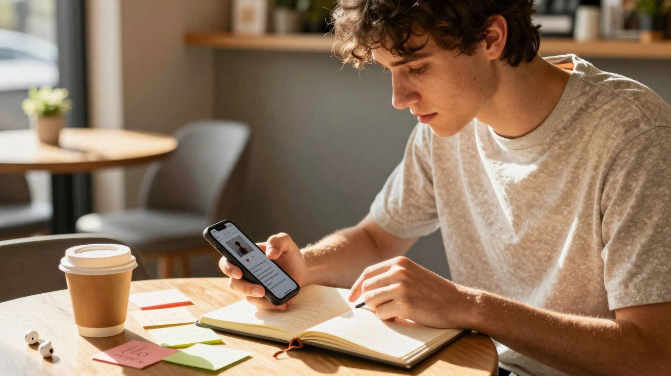 Jovem sentado numa mesa a consultar o telemóvel enquanto faz anotações num caderno, com café e notas coloridas à frente.