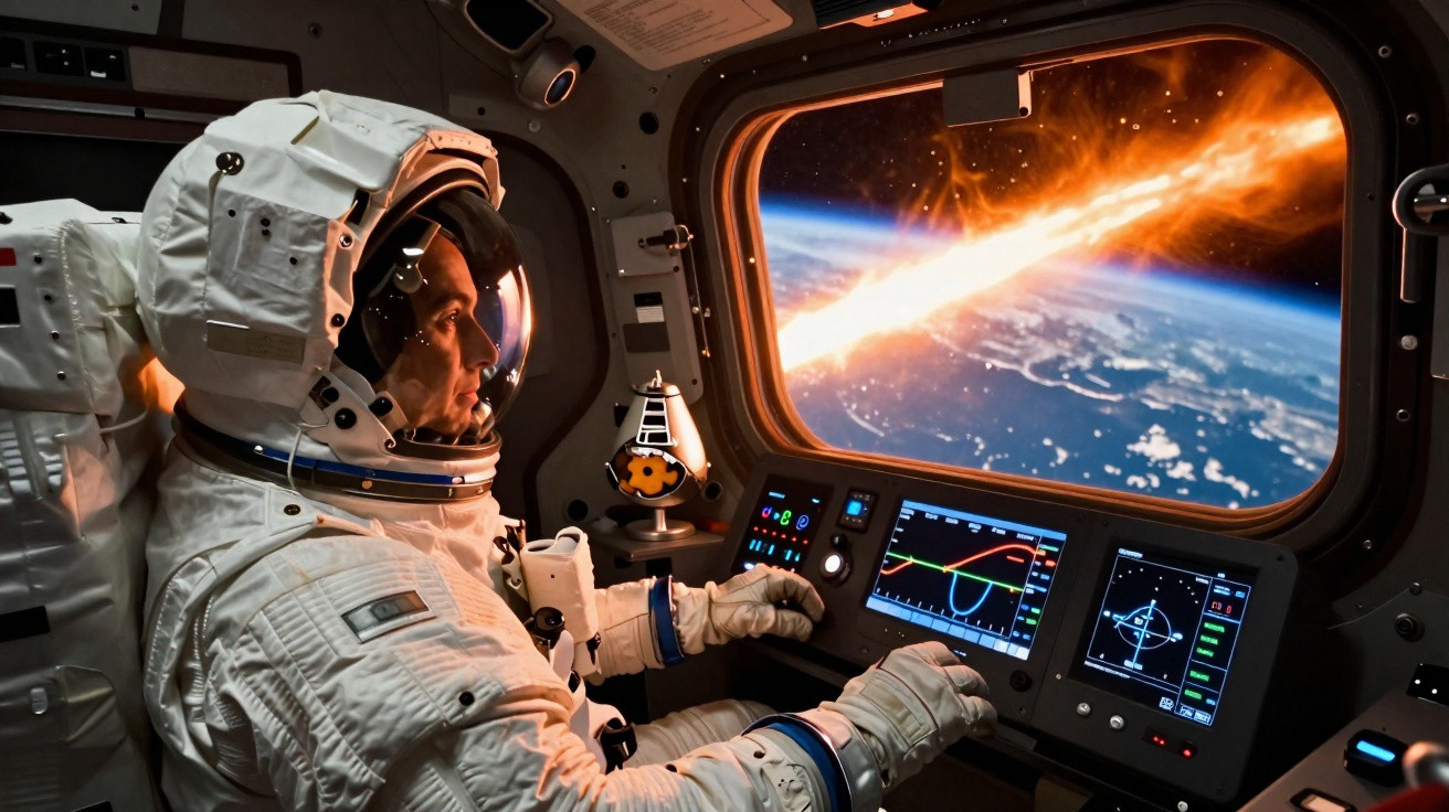 Astronauta dentro da cápsula espacial observando um meteorito em chamas a aproximar-se da Terra.