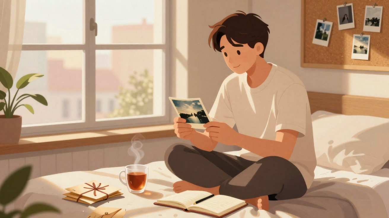 Jovem sentado na cama a olhar uma fotografia, com chá, cartas e um caderno num quarto iluminado pela janela.