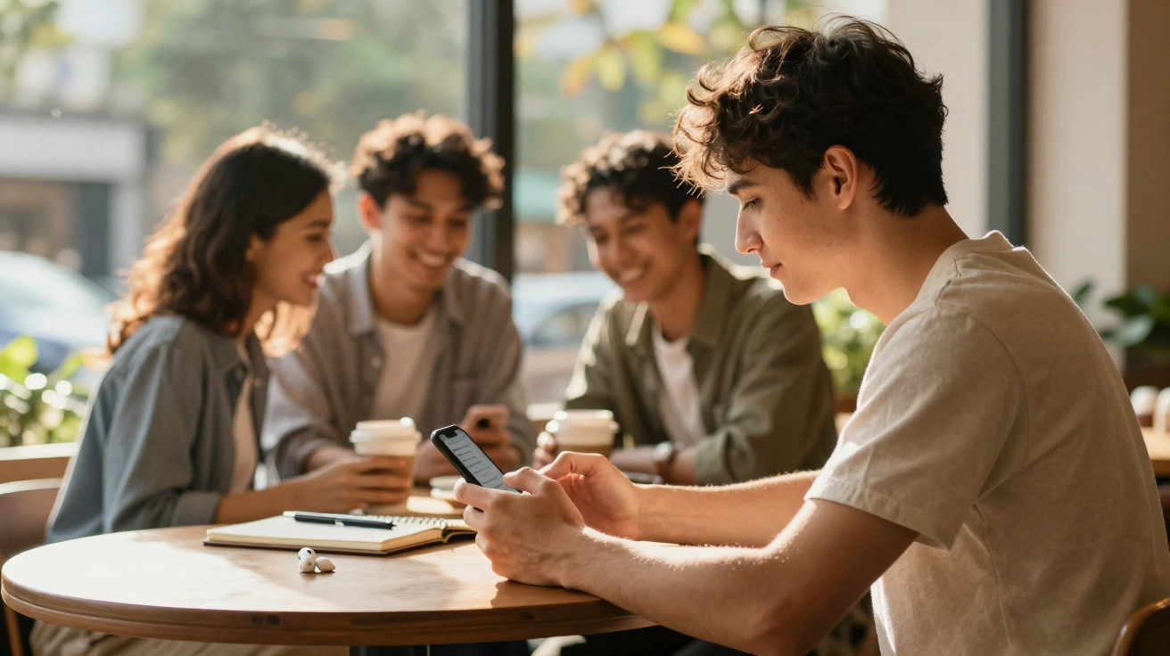 Jovem isolado no café a usar telemóvel, enquanto amigos conversam ao fundo.